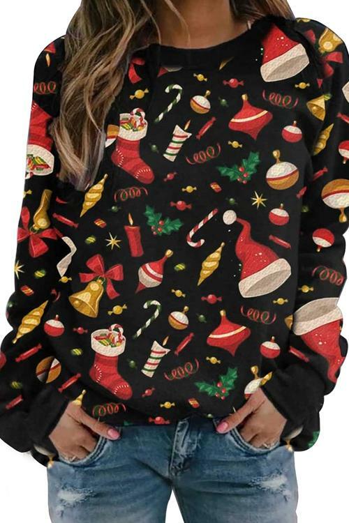 Round Neck Christmas Print Casual Sweatshirt