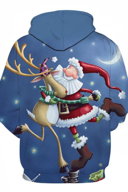 Santa Claus And Elk Prints Casual Hoodie