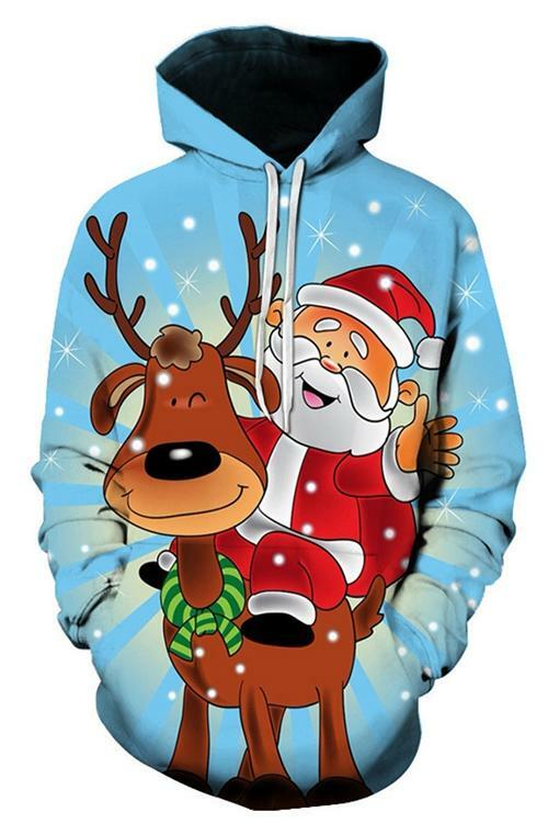 Santa Claus Moose Cartoon Print Long Sleeves Hoodie