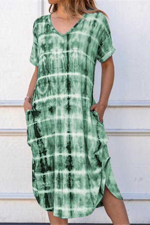 Short Sleeved V-Neck Loose-Slit Print Dress