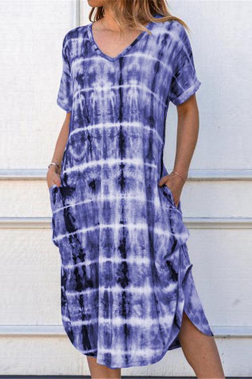 Short Sleeved V-Neck Loose-Slit Print Dress