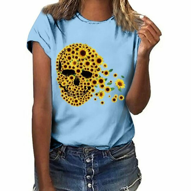 Skull sunflower print T-shirt