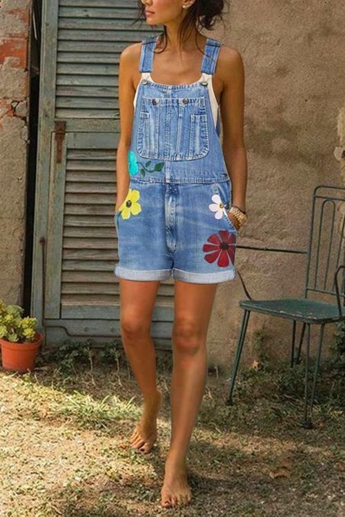 Sleeveless Denim Floral Floral-Print shorts One-Pieces
