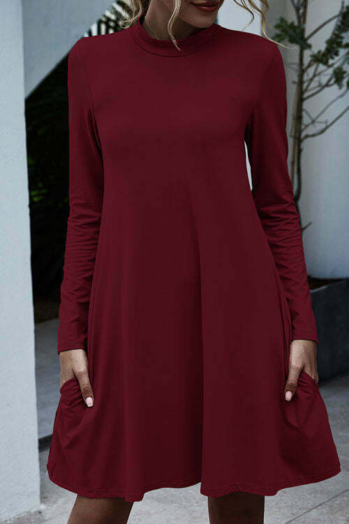 Solid Color Long Sleeve Stand Collar Pocket Dress