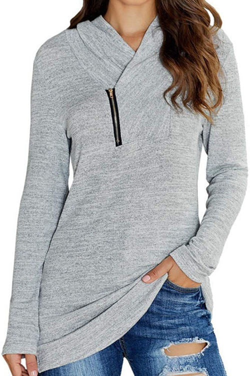 Solid Color Long-Sleeved Micro-Neck Zippered T-Shirt