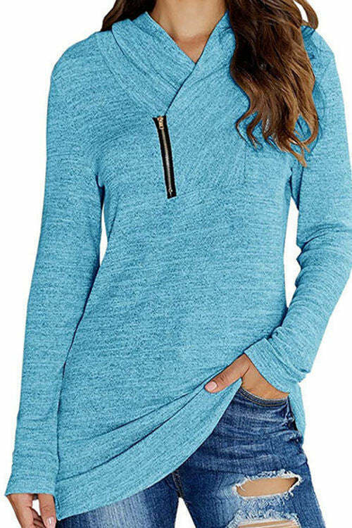 Solid Color Long-Sleeved Micro-Neck Zippered T-Shirt