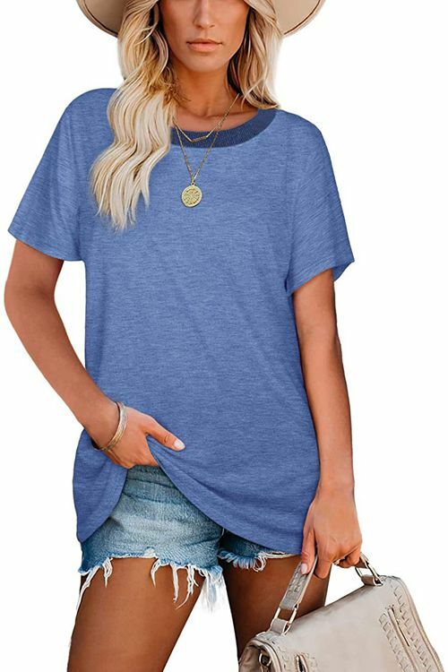 Solid Color Ribbed Round Neck Loose Short Sleeve T-Shirt