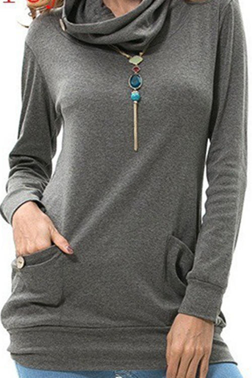 Solid-Color Long-Sleeved High-Collar Pocket Buttons T-Shirt