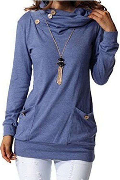 Solid-Color Long-Sleeved High-Collar Pocket Buttons T-Shirt