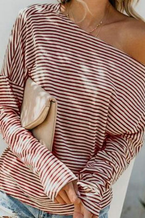 Stripe Long Sleeve Slant Shoulder Loose T-shirt