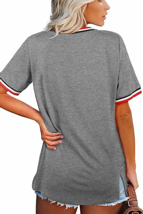 Striped Stitching Loose Short-Sleeved V-Neck T-Shirt