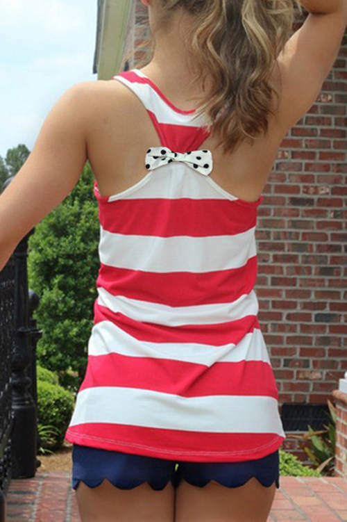 Striped Wave Point Pocket Back Bow Tank Top
