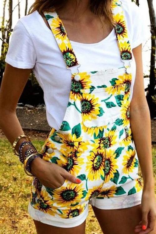 Summer Casual Cute Overalls Sunflower Printed Shorts Jumpsuit Rompers