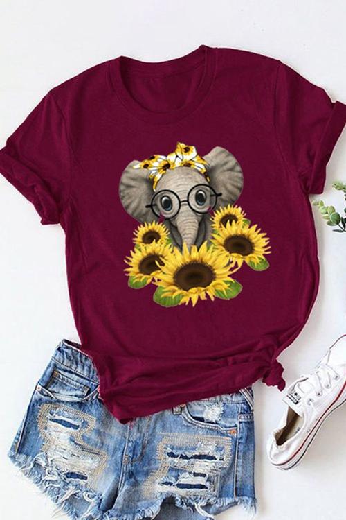 Sunflower elephant printed round neck T-shirt
