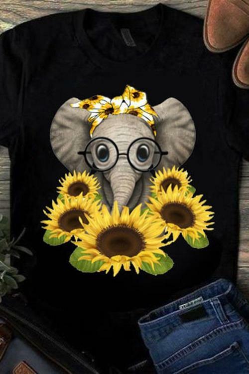 Sunflower elephant printed round neck T-shirt