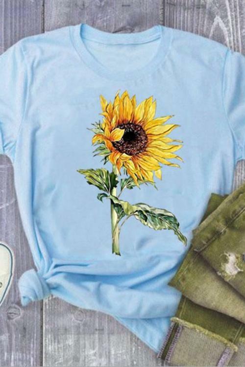Sun flower printed round neck T-shirt