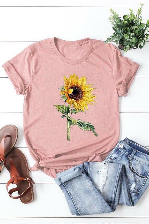 Sun flower printed round neck T-shirt