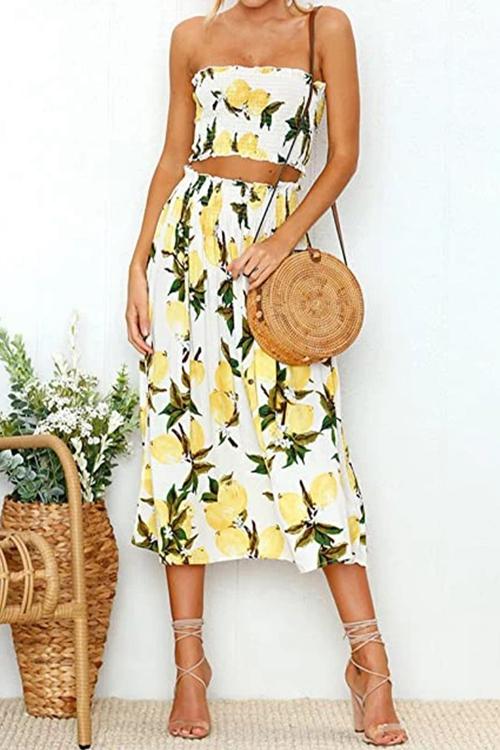 Sunflower Floral Crop Top Maxi Skirt Set 2 Piece Outfit Dress