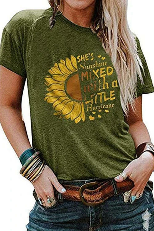 Sunflower Letter Round Neck Short Seeves T-Shirt