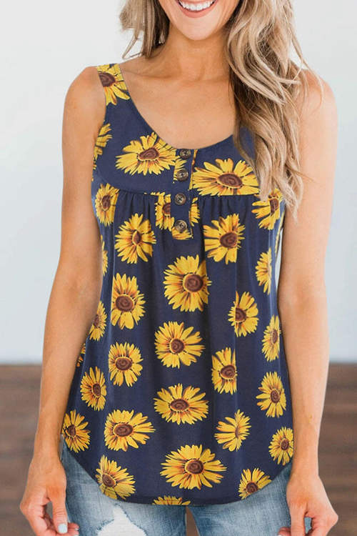 Sunflower Print  Sleeveless Buttons Tank Top