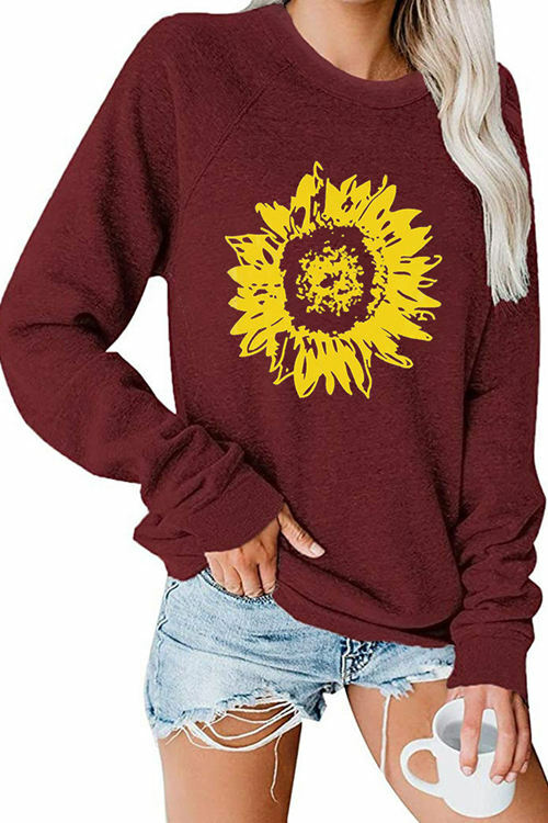 Sunflower Print Long-Sleeved Round Neck Shirt