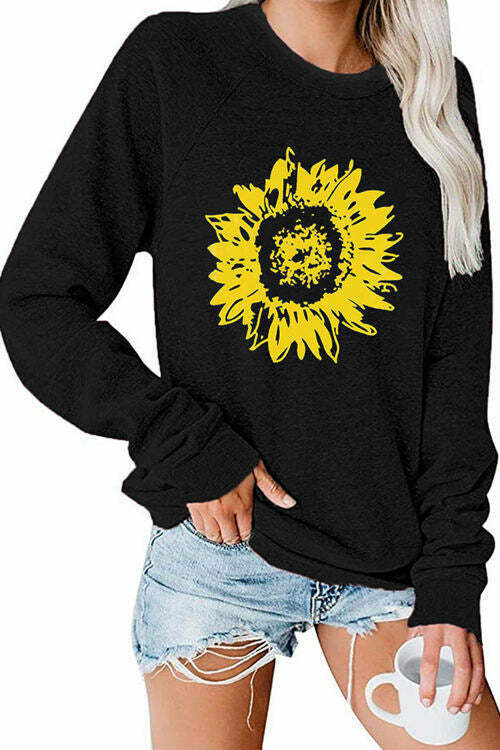 Sunflower Print Long-Sleeved Round Neck Shirt