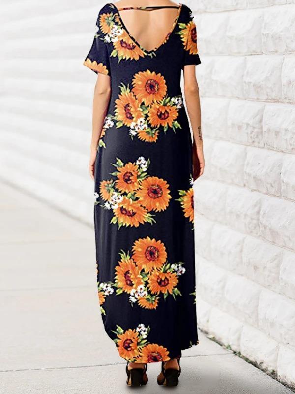 Sunflower Printed V-Neck Pocket Maxi Dress
