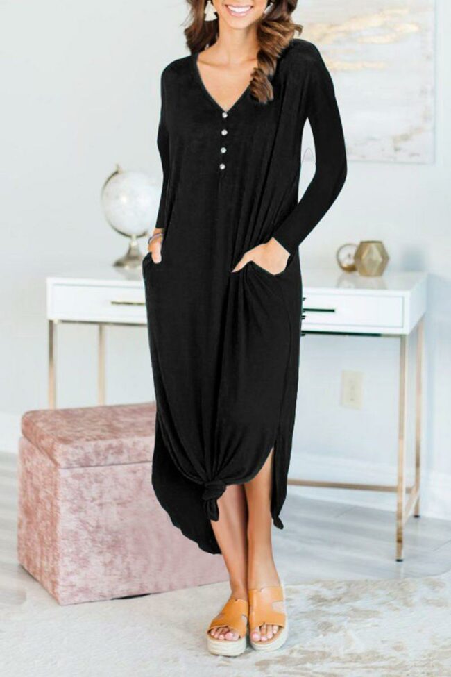 V Neck Buttons Decorative Long Sleeve Black Midi Dress