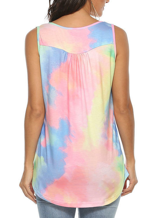 V-Neck Buttons  Tie-Dyed  Gradient Tank Top