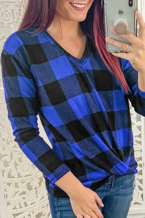 V-Neck Long Sleeve Knotted Checked Shirt