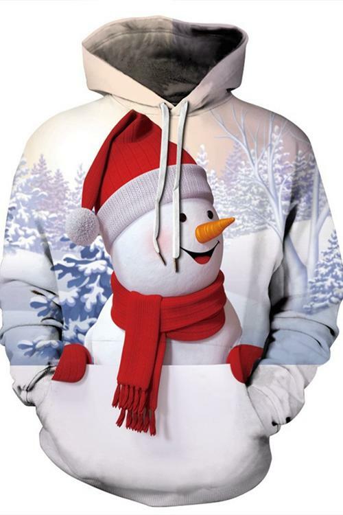 White Snowman Print Long Sleeve Hoodie