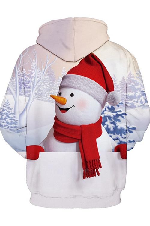 White Snowman Print Long Sleeve Hoodie