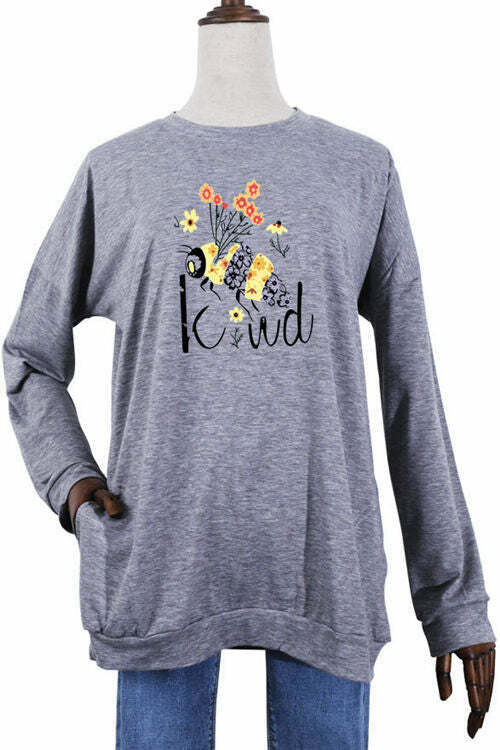 Be Kind Bee Print Pocket  Long Sleeve T-Shirt