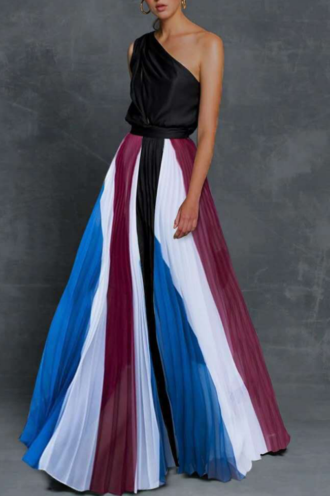 Fashion Print Patchwork One Shoulder Cake Skirt Dresses(6 Colors)