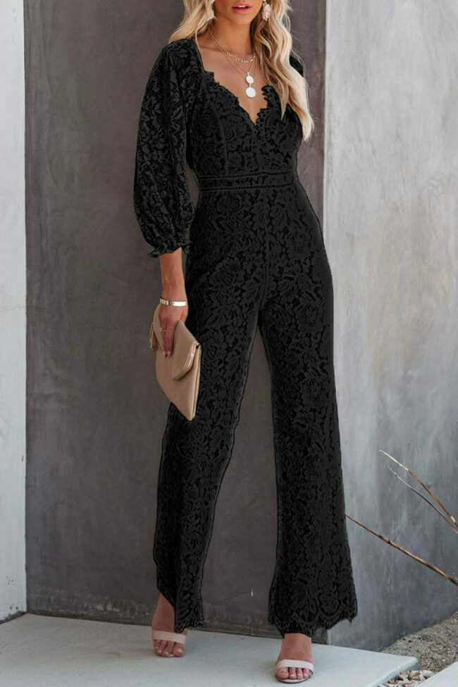 Embroidery Lace V Neck Regular Jumpsuits