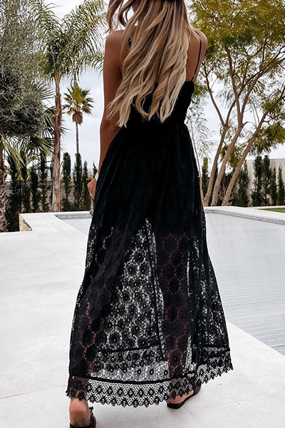 Casual Solid Lace Hollowed Out See-through V Neck Jumpsuits