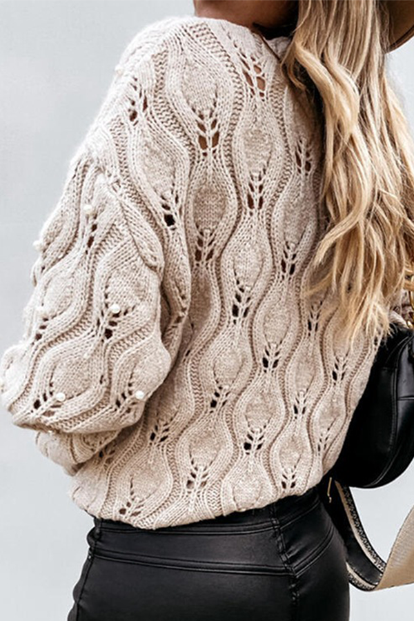 Casual Solid Hollowed Out Beading O Neck Sweaters