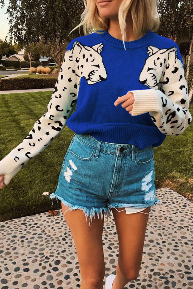 Fashion Casual Leopard Pullovers O Neck Sweaters(7 Colors)