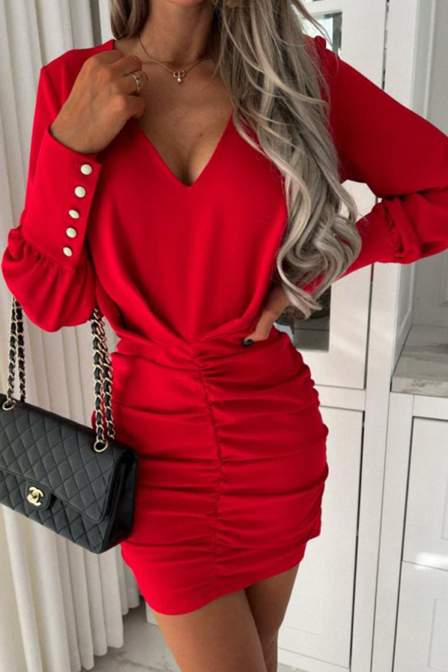 Fashion Celebrities Solid Buckle Fold V Neck Wrapped Skirt Dresses(4 colors)