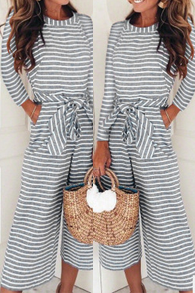 Casual Striped O Neck Straight Jumpsuits(3 Colors)