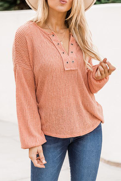 Casual Solid Split Joint Buttons V Neck Tops
