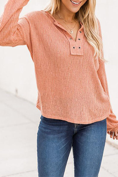 Casual Solid Split Joint Buttons V Neck Tops
