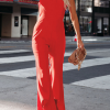 Casual Solid Split Joint Spaghetti Strap Boot Cut Jumpsuits