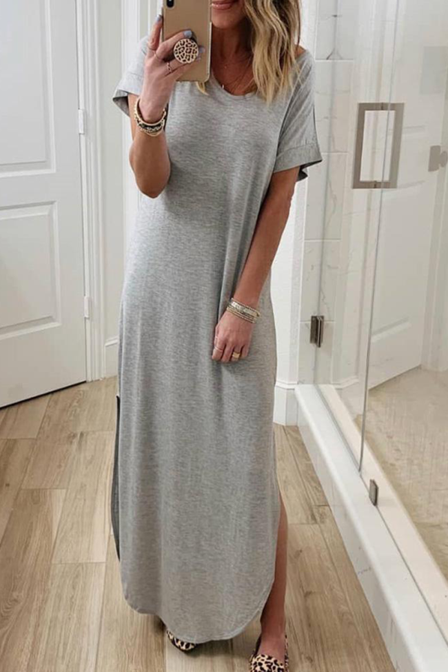 Casual Solid Split Joint V Neck Straight Dresses(3 colors)