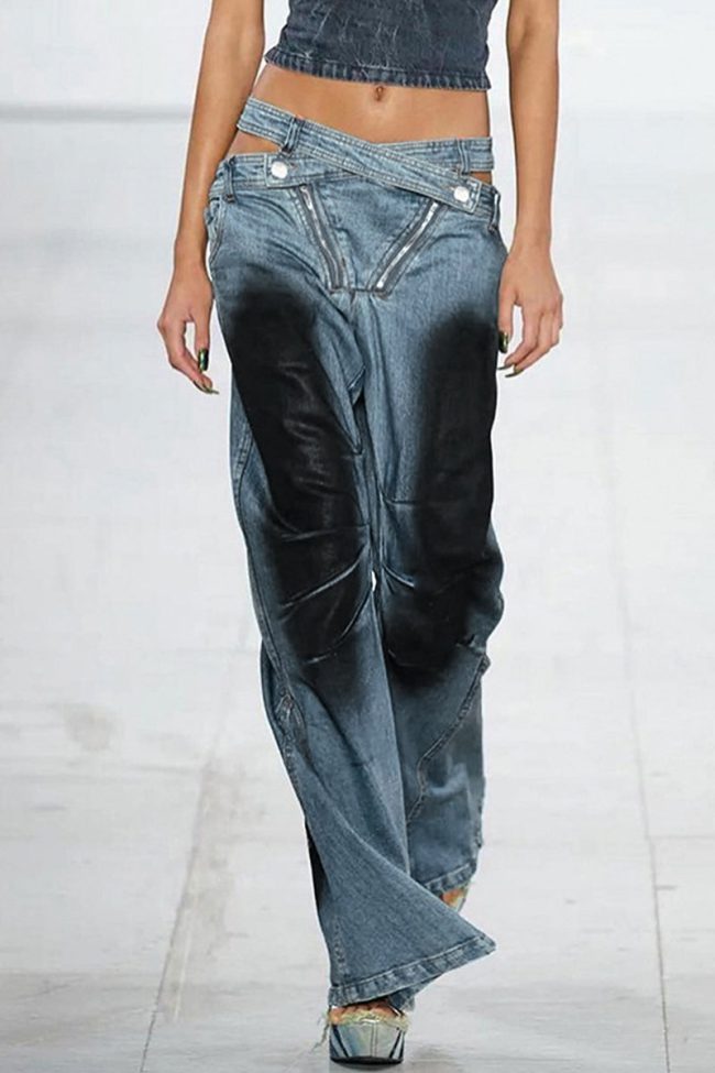Casual Street Print Patchwork Zipper High Waist Straight Denim Jeans