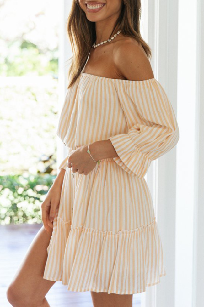 Casual Striped Buckle Stringy Selvedge Off the Shoulder A Line Dresses