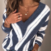 Casual Striped Patchwork Contrast V Neck Sweaters(5 Colors)