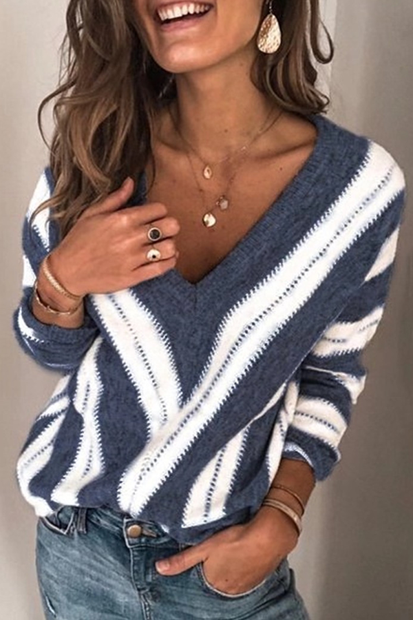 Casual Striped Patchwork Contrast V Neck Sweaters(5 Colors)