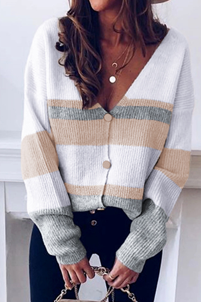 Casual Striped Patchwork V Neck Tops(4 colors)