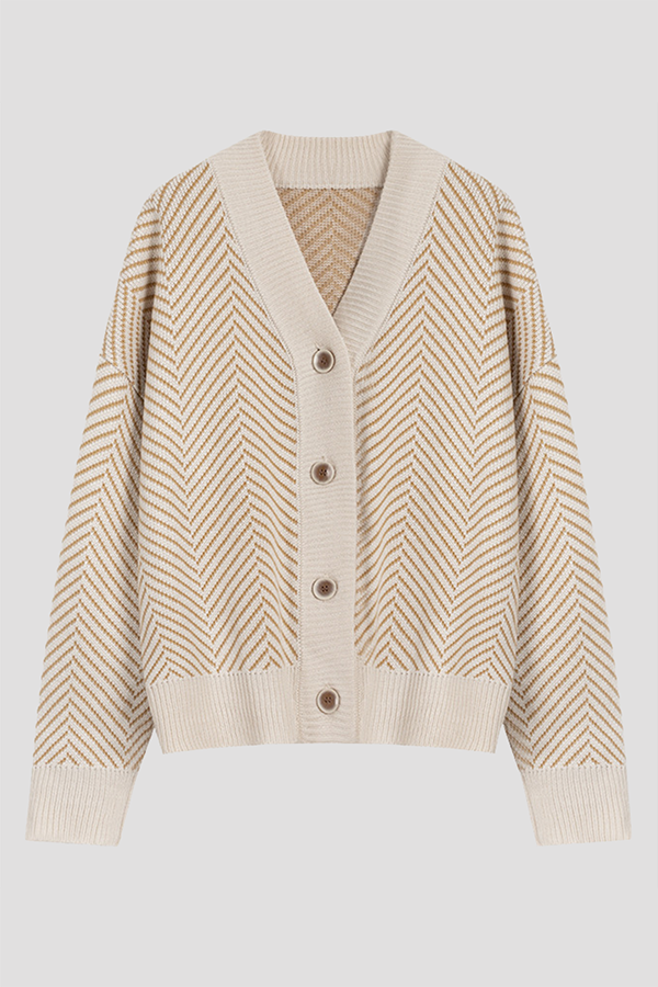 Casual Striped Split Joint Buckle V Neck Outerwear Sweater